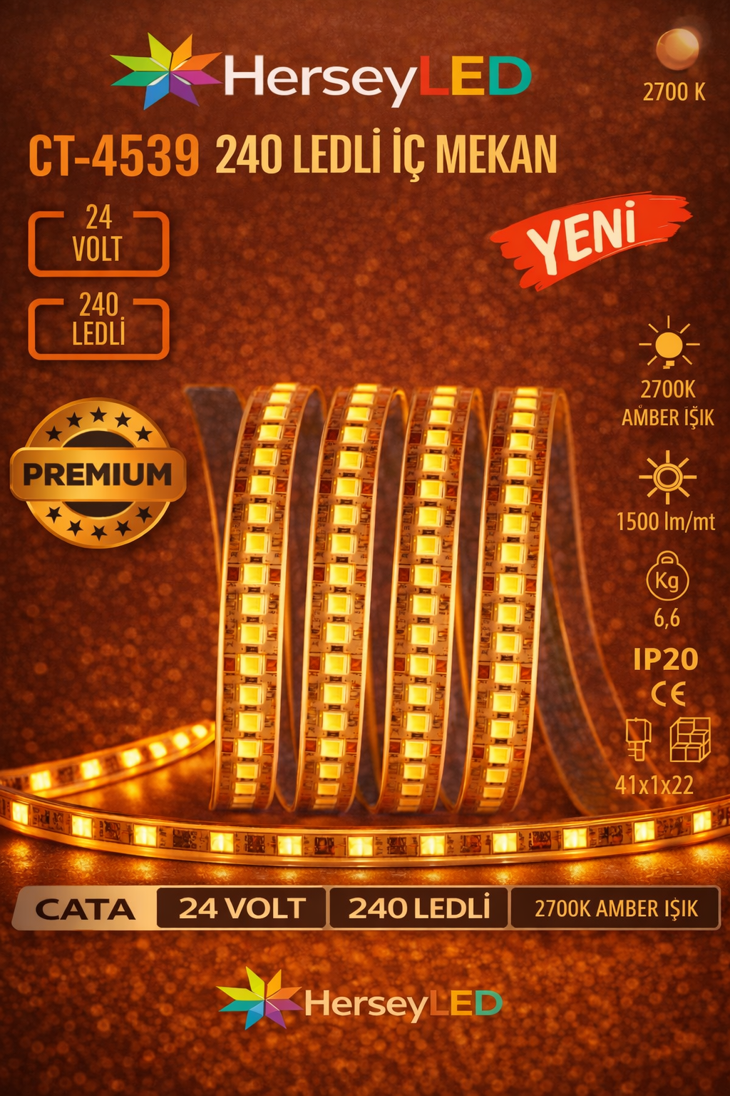 Cata CT-4539 24V Amber Işık 240 LED İç Mekan Şerit LED (5 Metre)