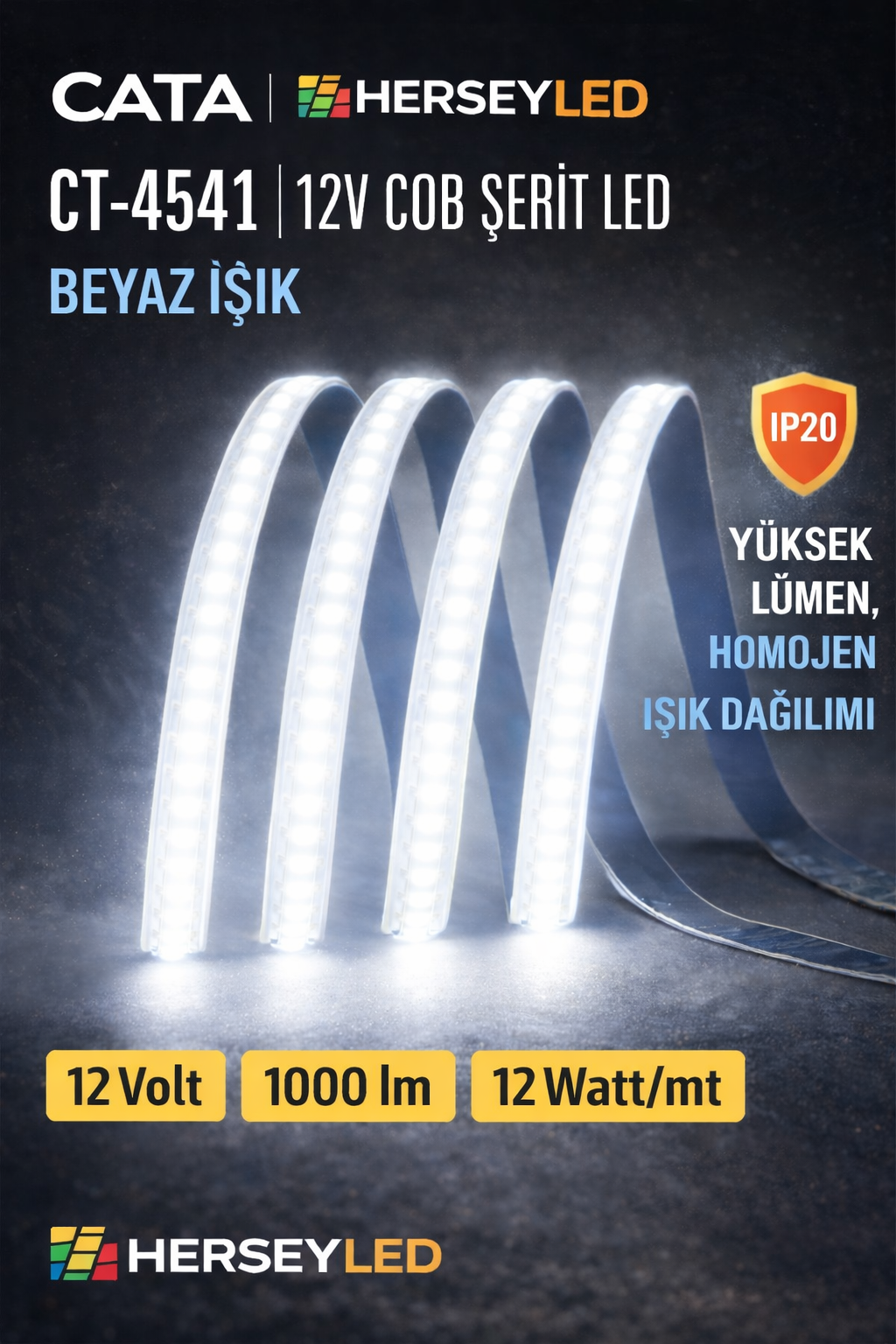 CATA (CT-4541) 12V COB ŞERİT LED BEYAZ IŞIK 6500K   (5 Metre Paket) YÜKSEK LÜMEN