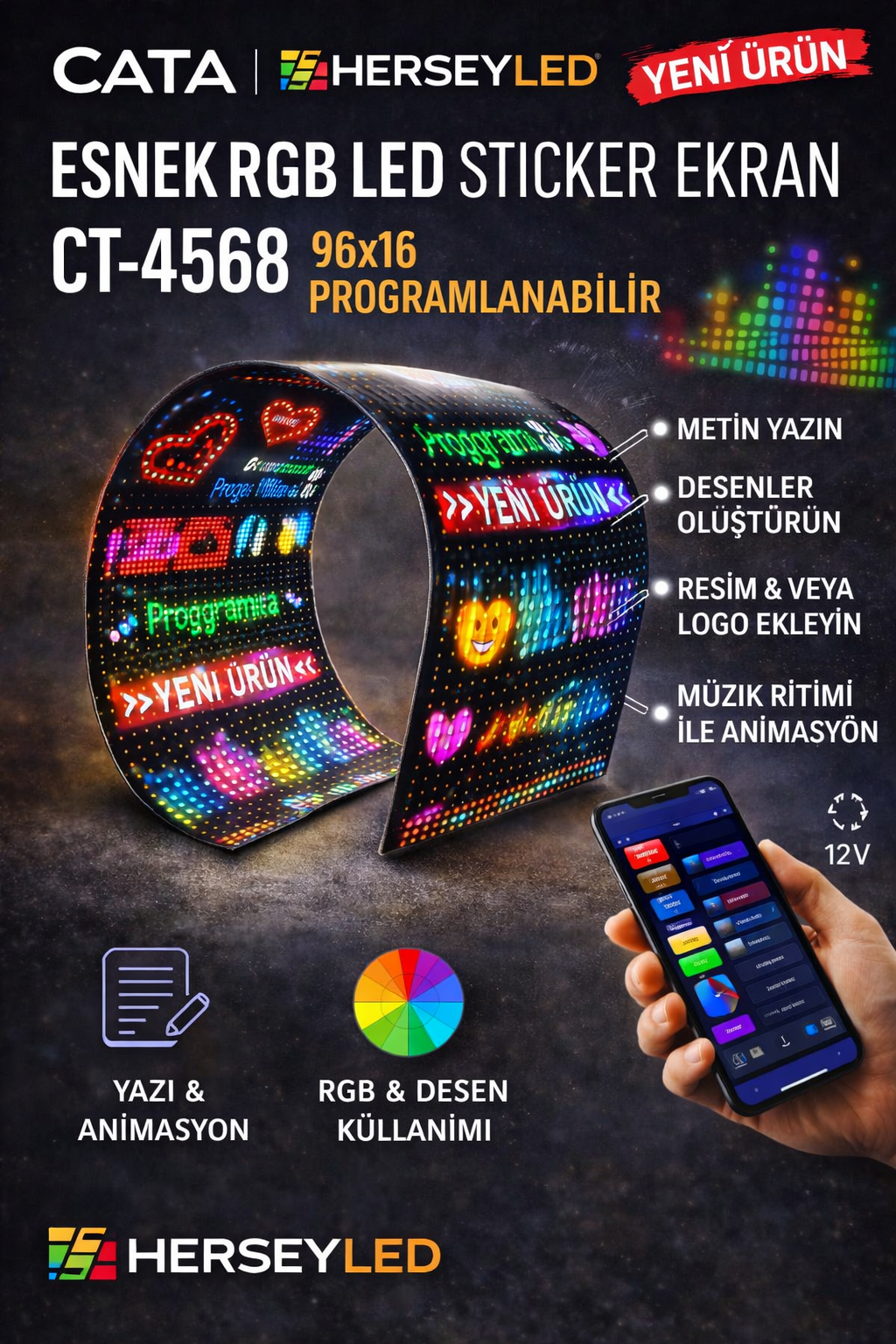 CATA (CT-4568) ESNEK RGB LED STİCKER EKRAN 96X16cm PROGRAMLANABİLİR