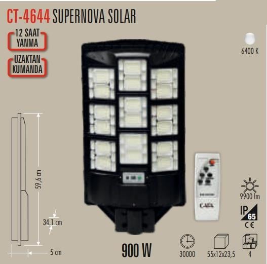 Cata CT-4644 Solar Sokak Lambası 900W IP65 Uzaktan Kumandalı Güneş Enerjili Beyaz Işık 6400K