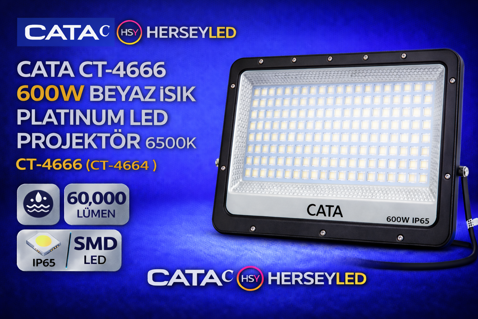 CATA CT-4666 600W BEYAZ IŞIK PLATİNUM LED PROJEKTÖR 6500K