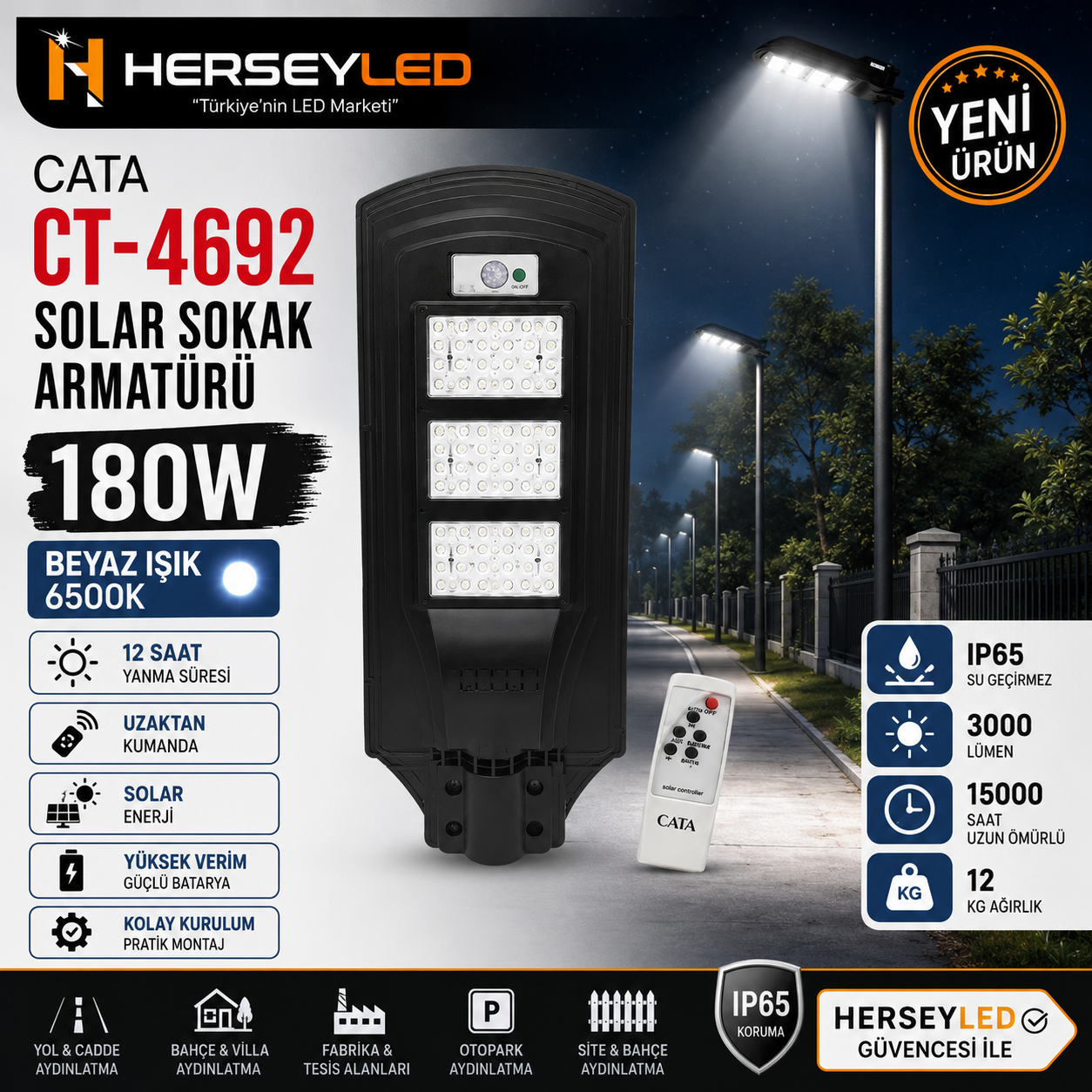 CATA CT-4692 180W Solar Sokak Armatürü Kumandalı IP65 6500K Beyaz Işık