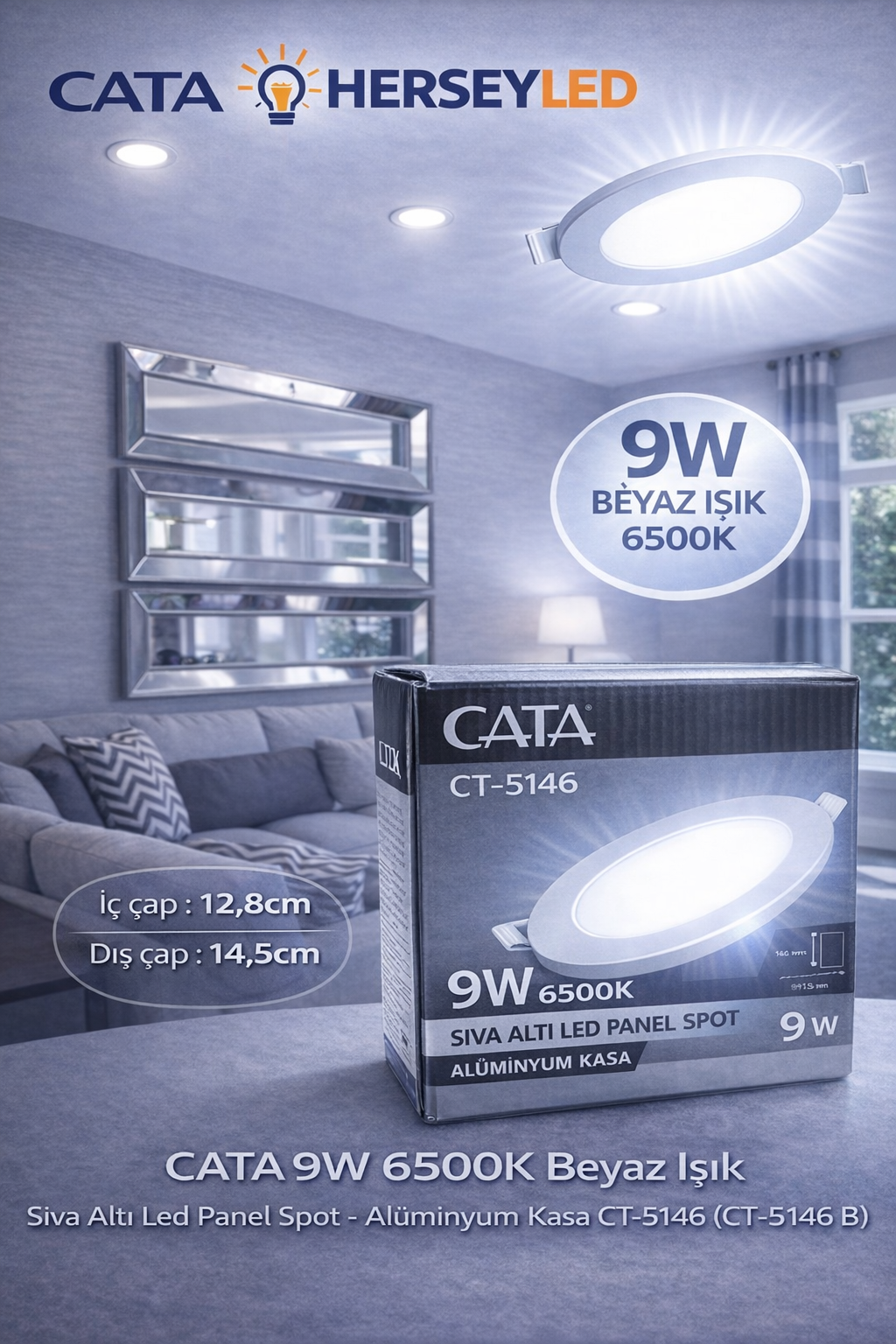 CATA CT-5146 9W  6500K Beyaz Işık  Sıva Altı Led Panel Spot- Alüminyum Kasa