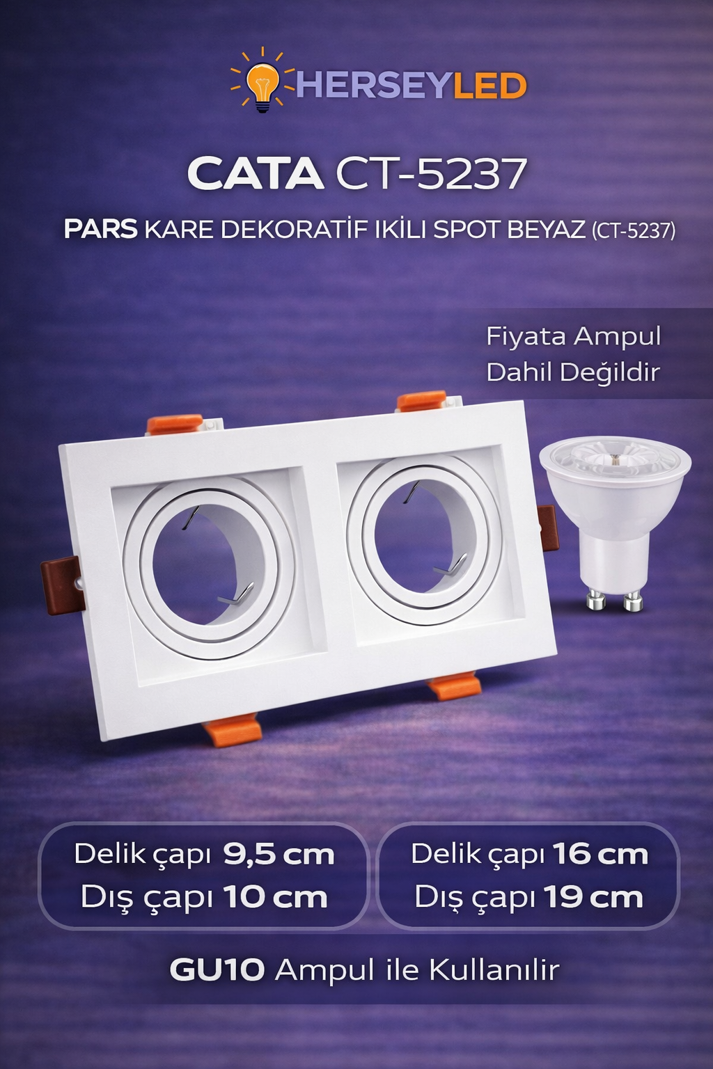 Cata CT-5237 Pars Kare Dekoratif İkili Spot Beyaz