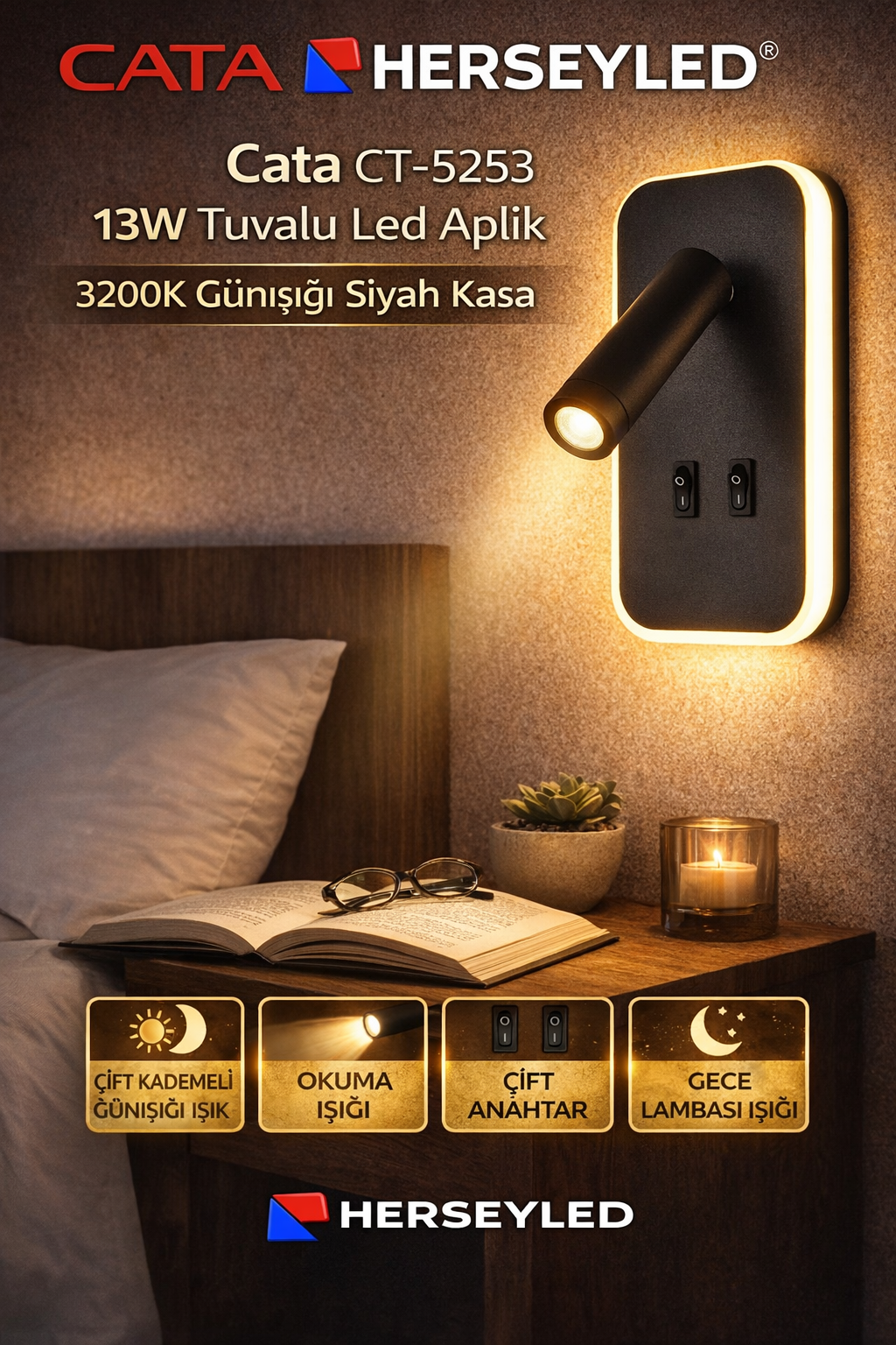 Cata CT-5253 13W Tuvalu Led Aplik 3200K Günışığı Siyah Kasa