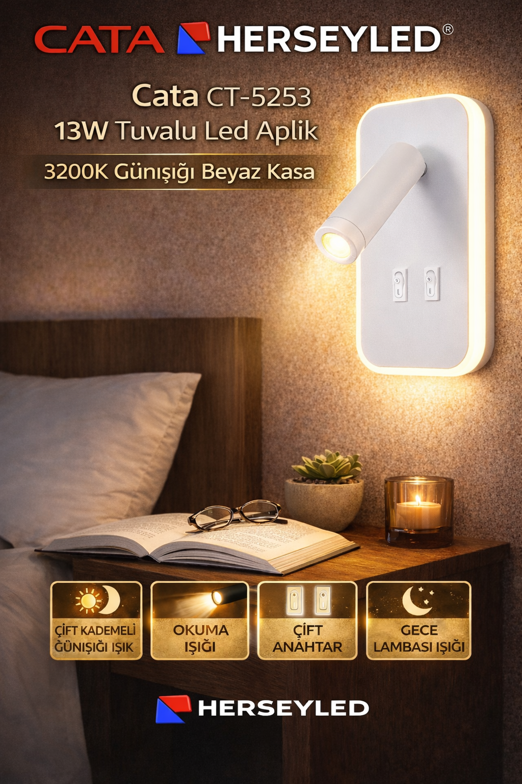 CATA CT-5253 13W TUVALU LED APLIK 3200K GÜNIŞIĞI BEYAZ KASA