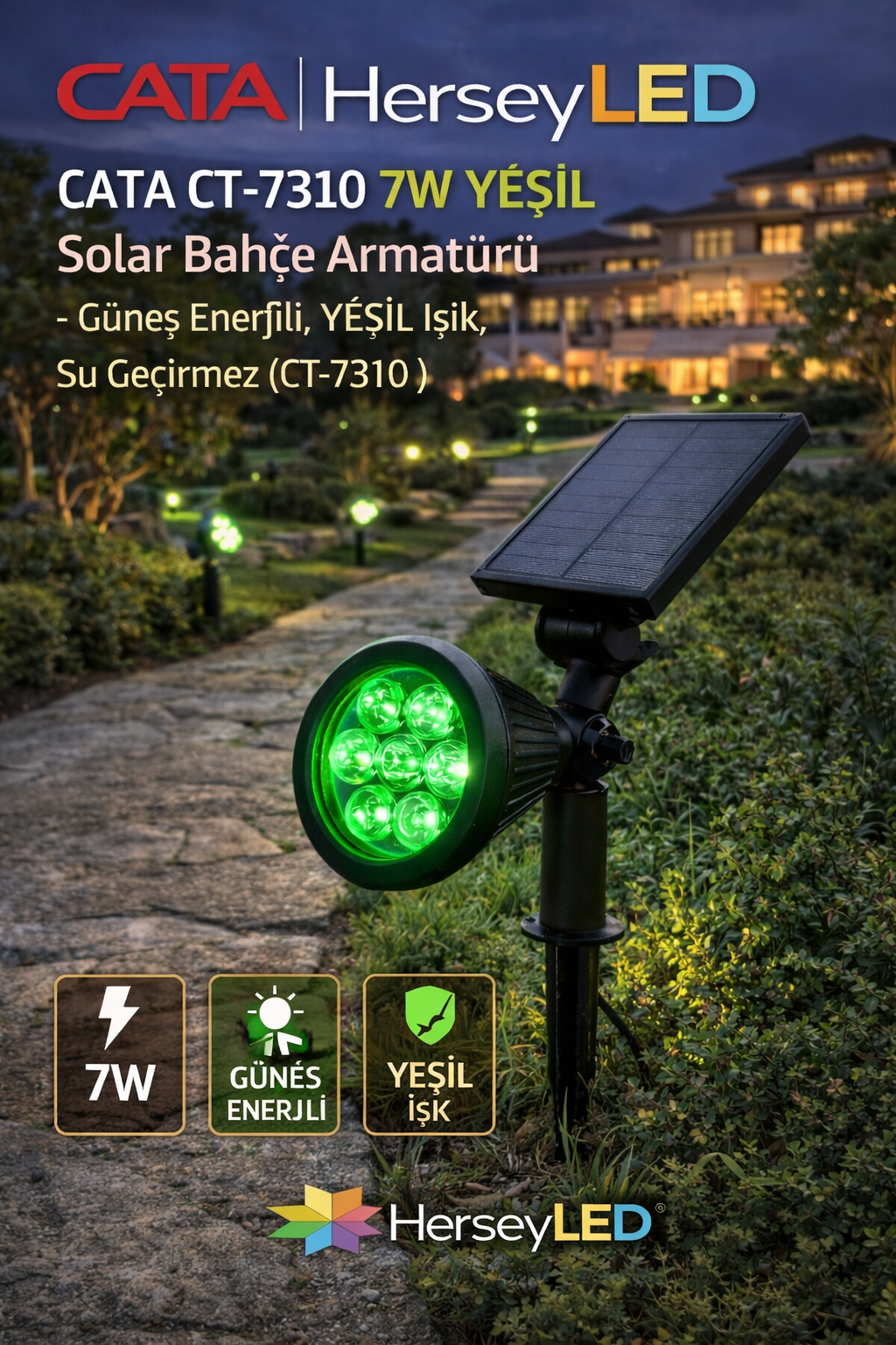 CATA CT-7310 7W YEŞİL Solar Bahçe Armatürü – Güneş Enerjili, Yeşil Işık, Su Geçirmez