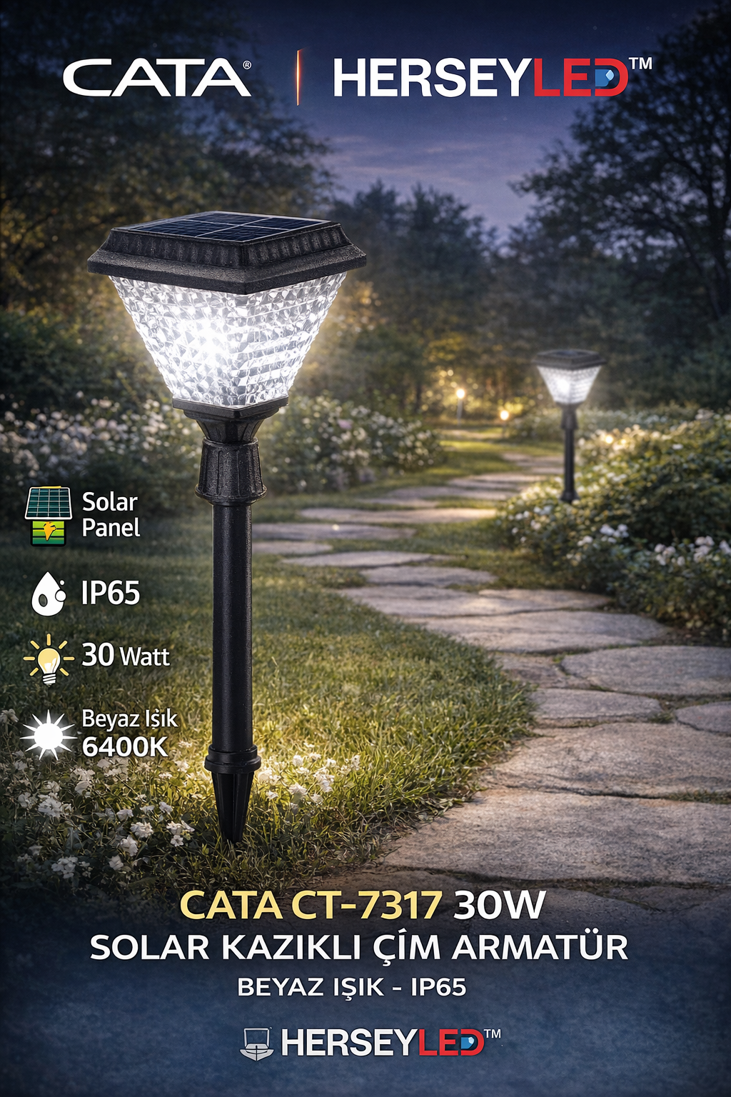 CATA CT-7317 30W SOLAR KAZIKLI ÇİM ARMATÜR BEYAZ IŞIK IP65