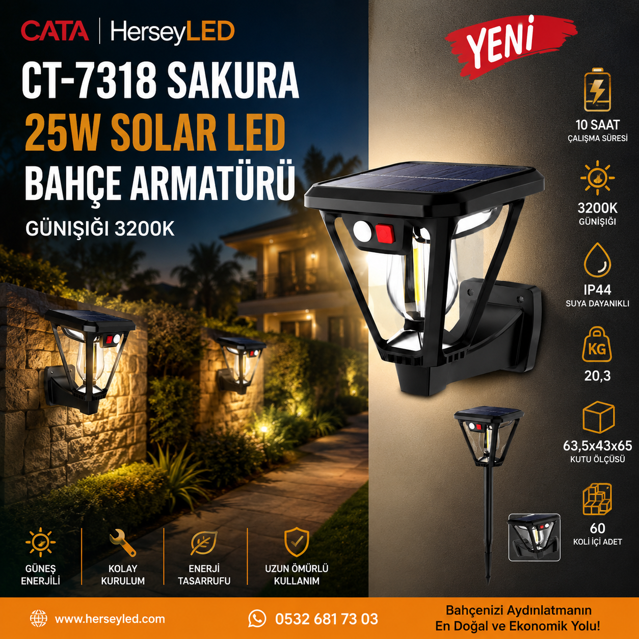 Cata Ct-7318 Sakura 25W Solar LED Bahçe Armatürü Günışığı