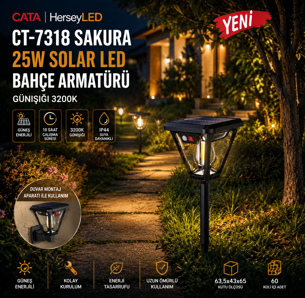 Cata Ct-7318 Sakura 25W Solar LED Bahçe Armatürü Günışığı