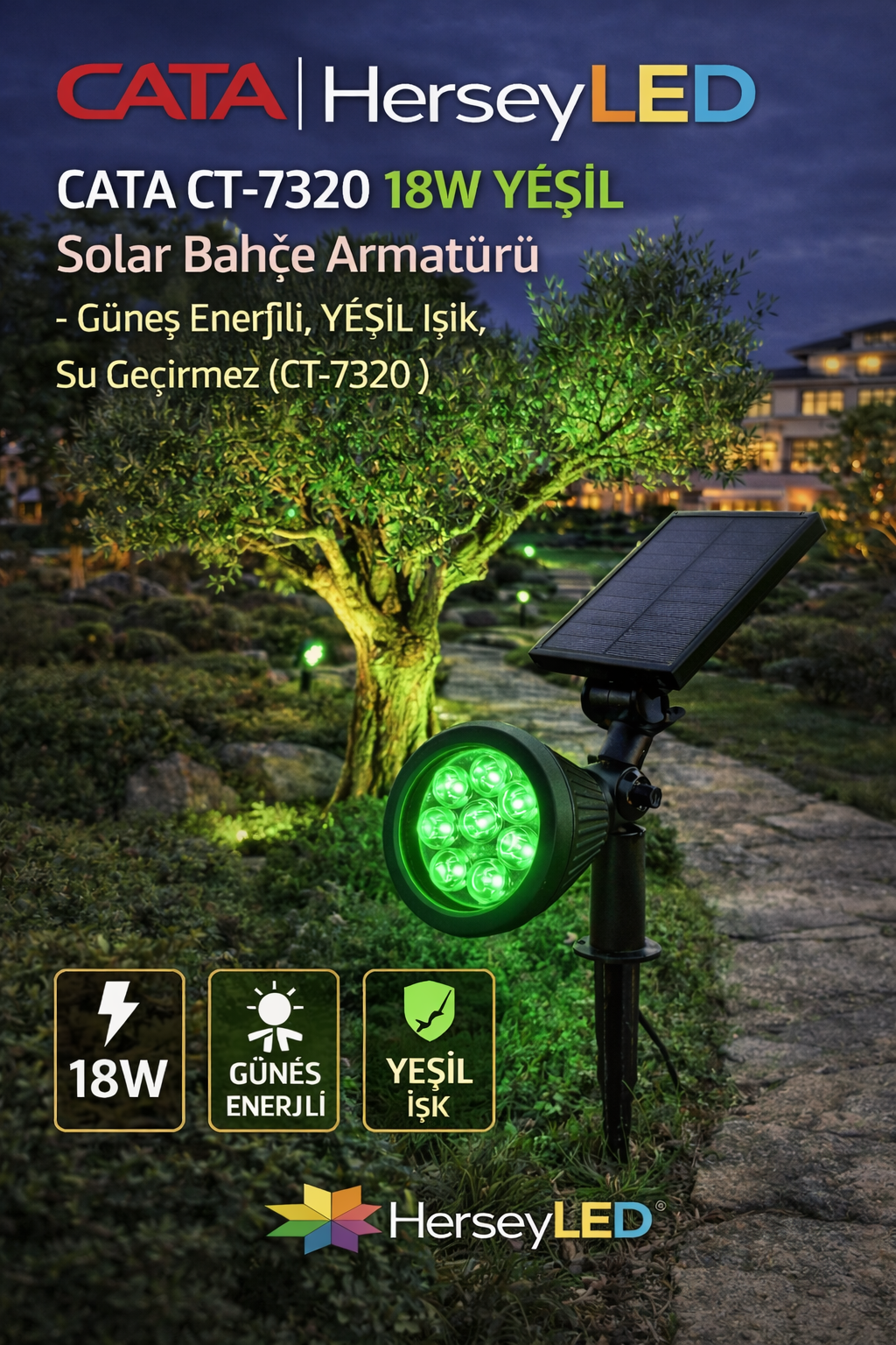 CATA CT-7320 18W YEŞİL Solar Çim Armatürü – Güneş Enerjili, Yeşil Işık, Su Geçirmez