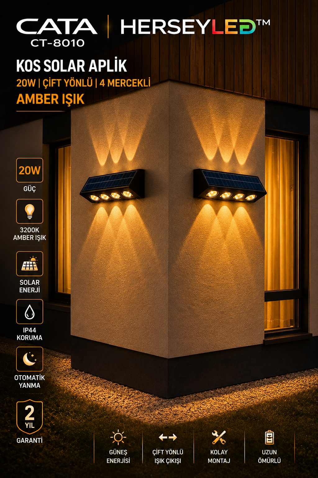 CATA CT-8010 20W AMBER KOS SOLAR LED APLİK AMBER DIŞ MEKAN