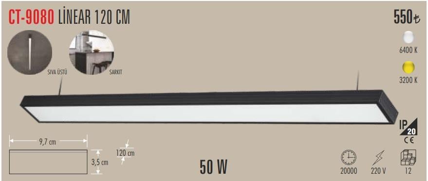 Cata CT-9080 50 Watt Sıva Üstü Linear Armatür 6500K BEYAZ  120 cm