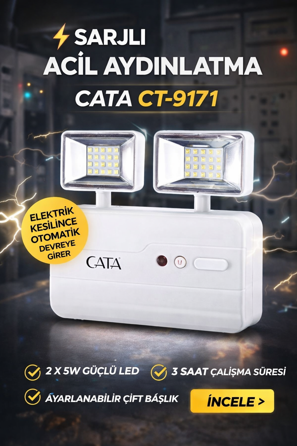 CATA CT-9171 Acil Aydınlatma Armatürü  #124; 2x5W LED  #124; Şarjlı Acil Durum Lambası  #124; 3 Saat Çalışma Süresi