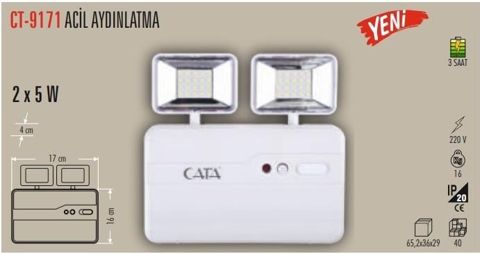 CATA CT-9171 Acil Aydınlatma Armatürü  #124; 2x5W LED  #124; Şarjlı Acil Durum Lambası  #124; 3 Saat Çalışma Süresi