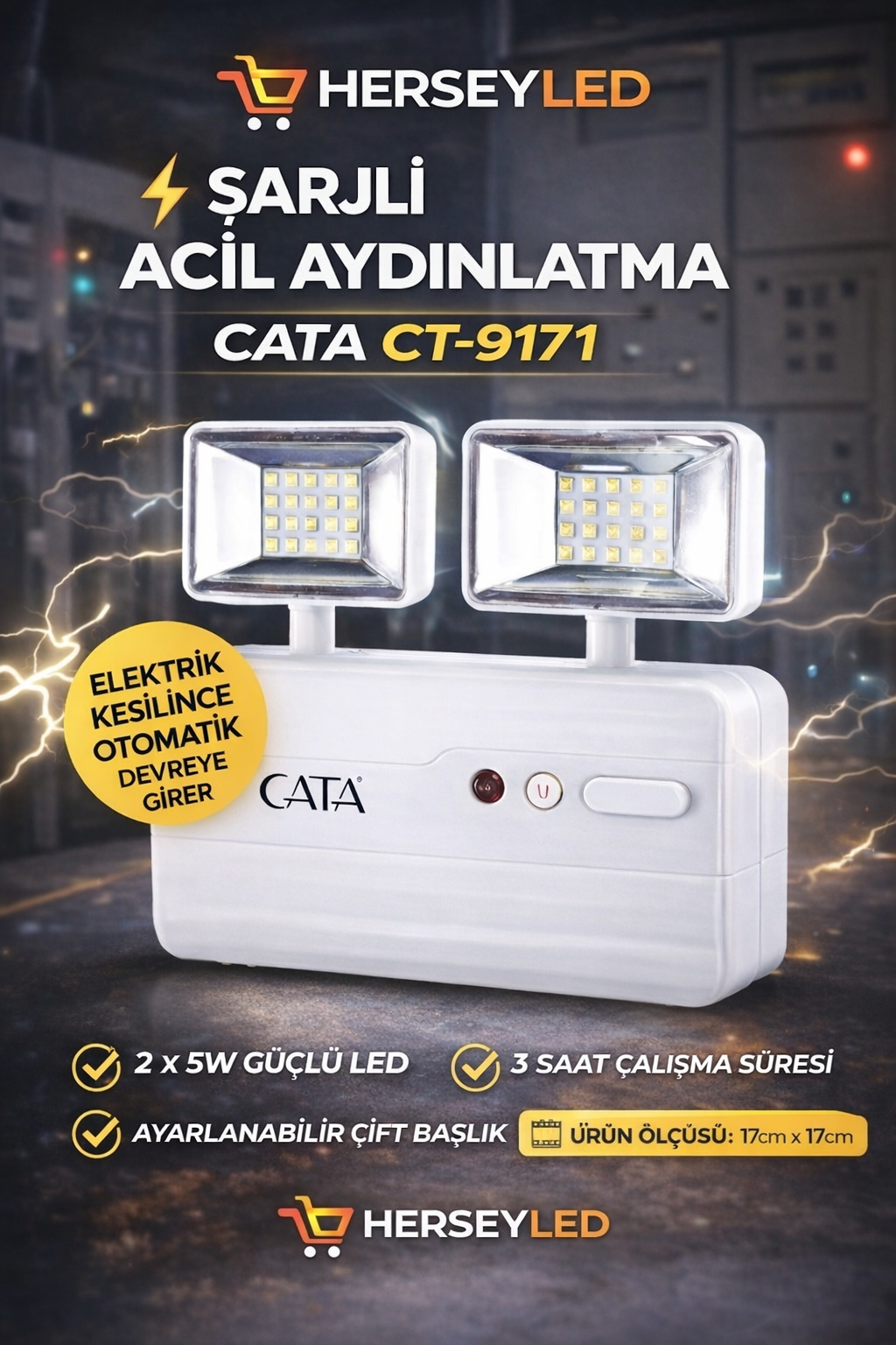 CATA CT-9171 Acil Aydınlatma Armatürü - 2x5W LED - Şarjlı Acil Durum Lambası  #124;-3 Saat Çalışma Süresi