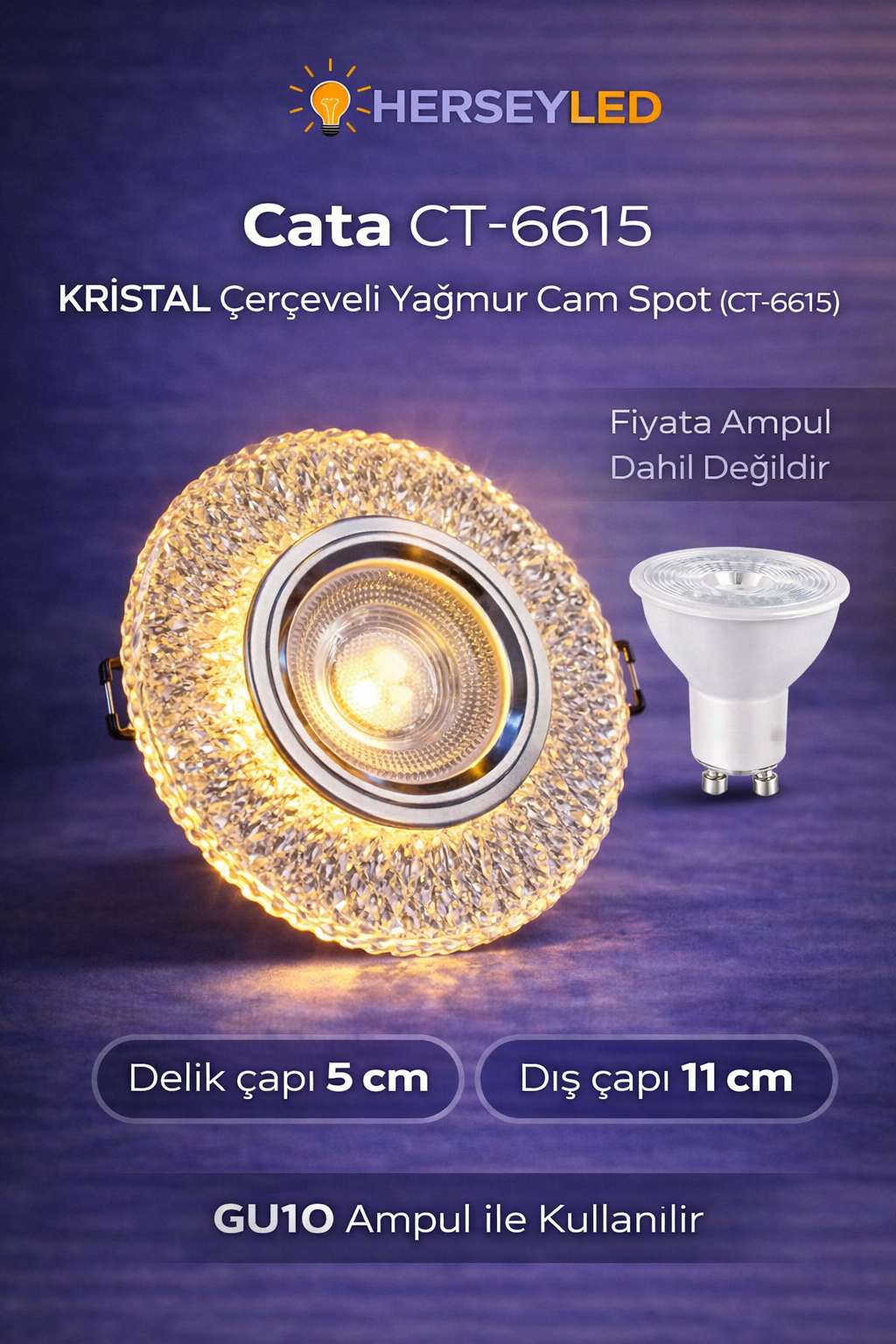 Cata Günışığı Led Çerçeveli Yağmur Kristal Cam Spot CT-6615