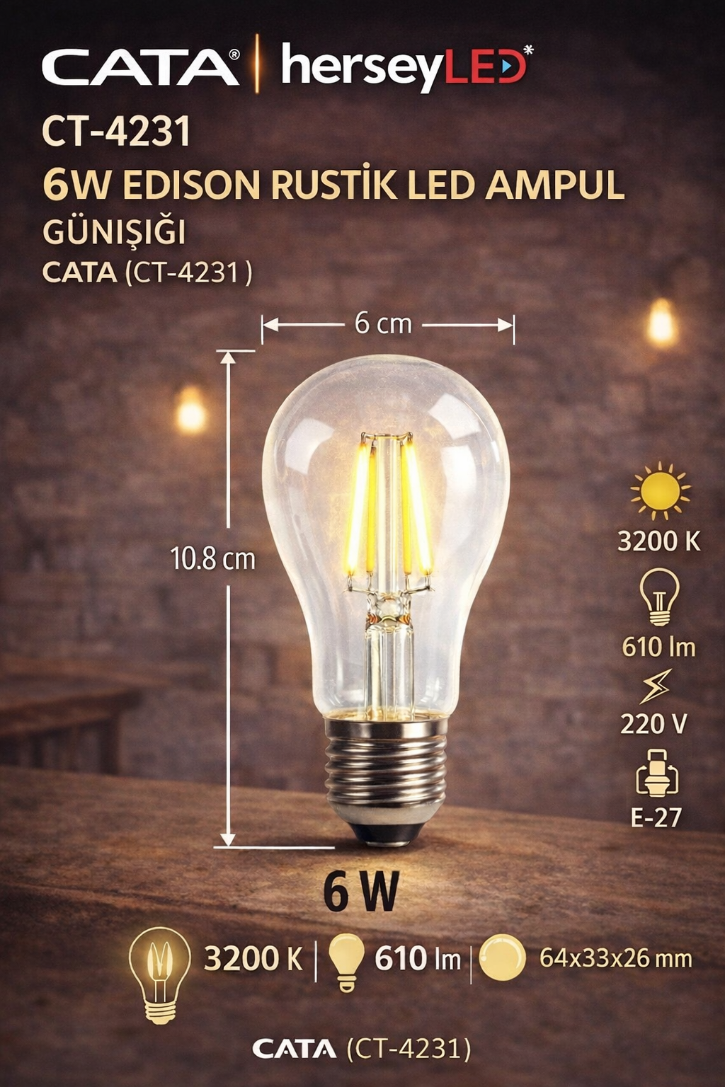 CT-4231 6W EDİSON RUSTİK LED AMPUL GÜNIŞIĞI CATA