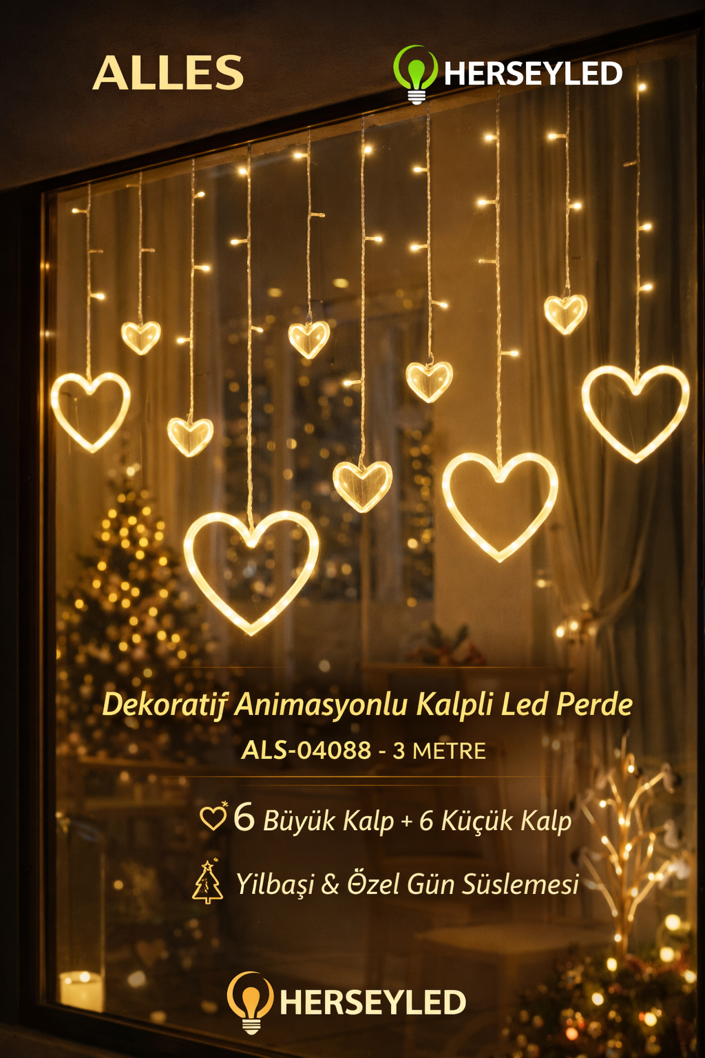 Dekoratif Animasyonlu Kalpli Led Perde Led Işık Saçak Led Perde Yılbaşı Süs
