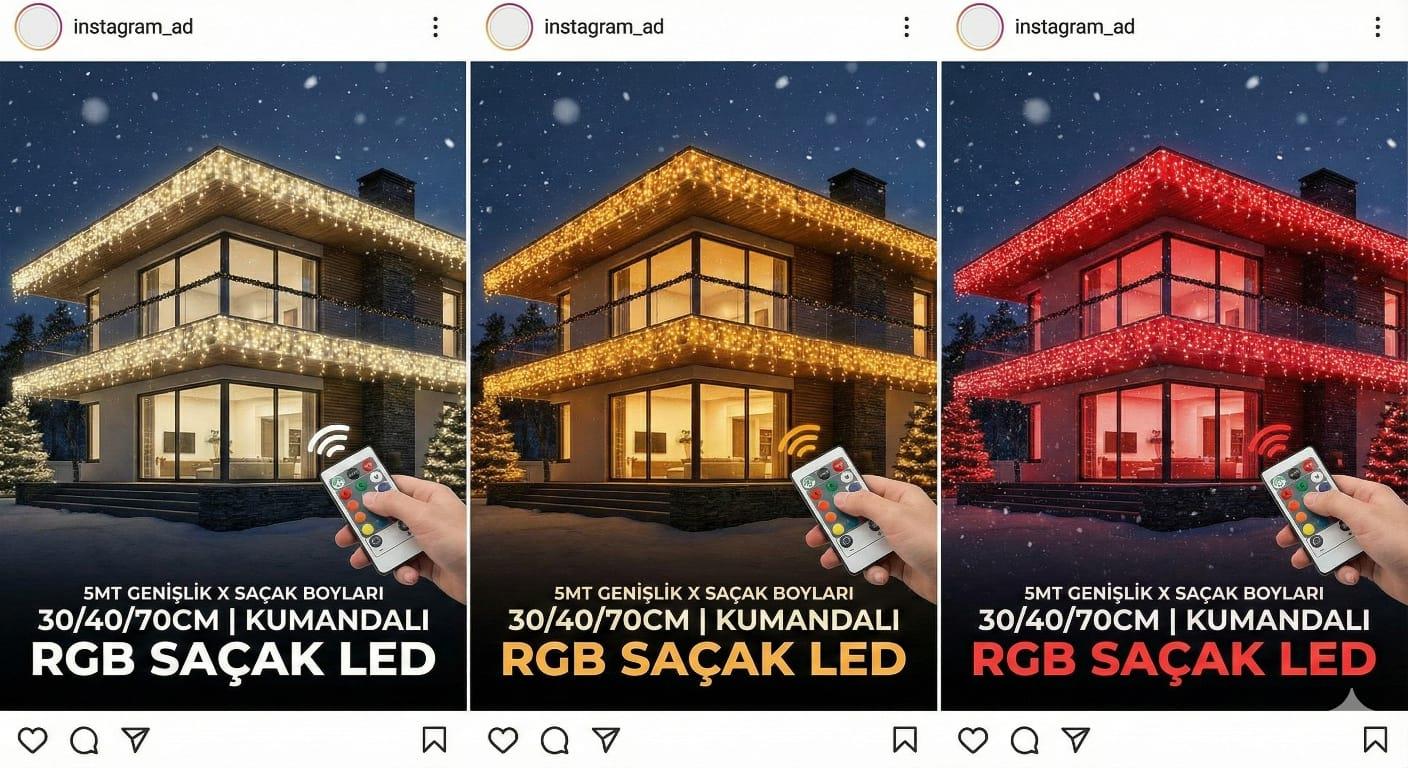 Dış mekan Saçak led RGB ışıklı / Kumandalı / Eklenebilir /  244 ledli , 5 metre genişlik  ( 30-40-70 saçak boyları )