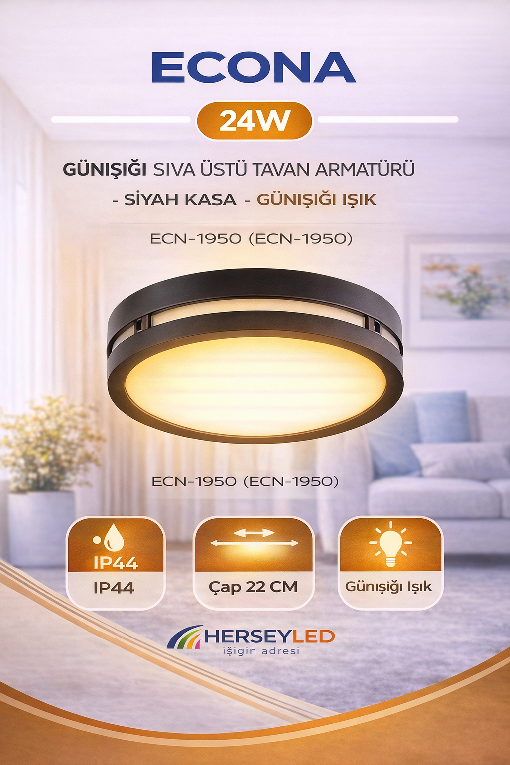 ECONA 24W GÜNIŞIĞI SIVA USTU TAVAN ARMATÜRÜ - SİYAH KASA - GÜNIŞIĞI IŞIK - ECN-1950