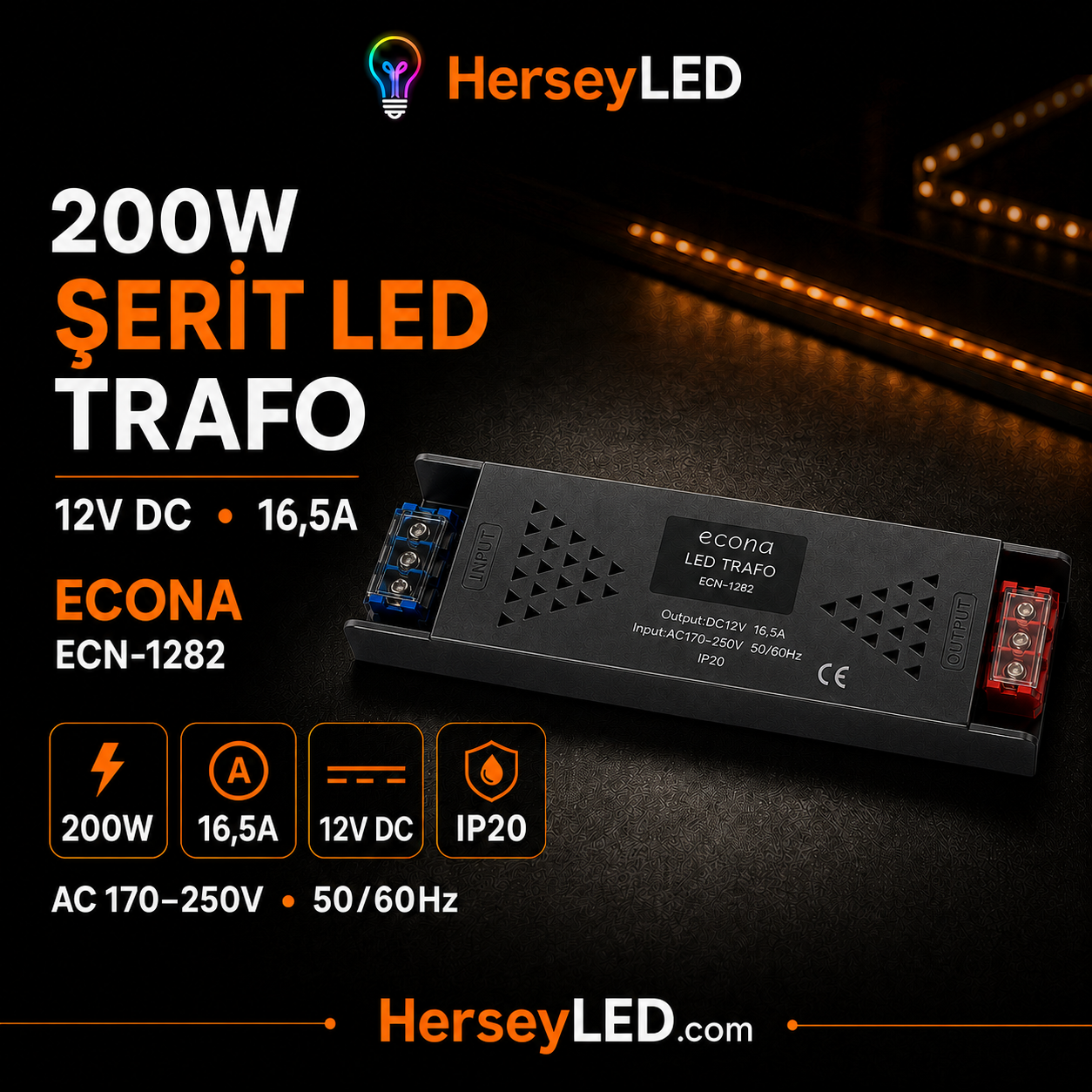 ECONA ECN-1282 12V LED TRAFOSU 16,5 AMPER 200W