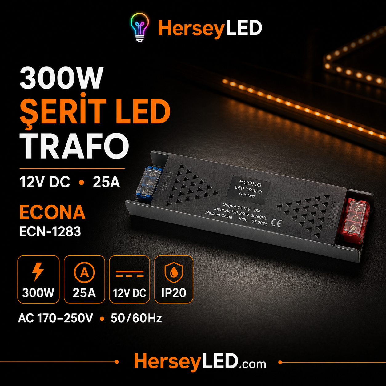 ECONA ECN-1283 12V LED TRAFOSU 25 AMPER 300W