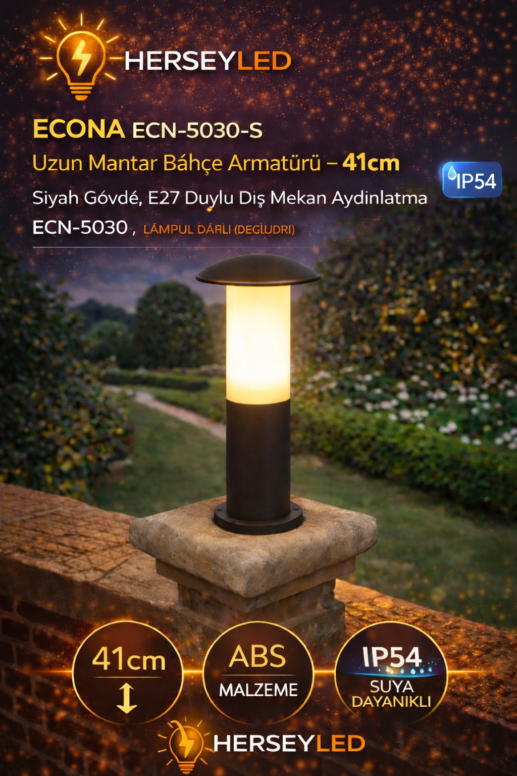 ECONA ECN-5030-S Uzun Mantar Bahçe Armatürü – 41 cm, Siyah Gövde, E27 Duylu Dış Mekan Aydınlatma