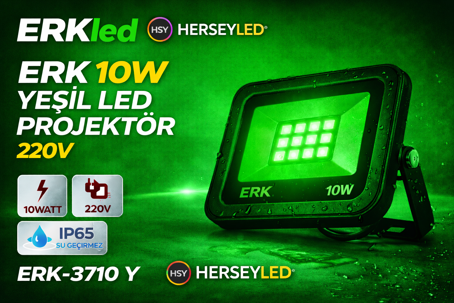 ERK 10W YEŞİL LED PROJEKTÖR 220V ERK-3710 Y