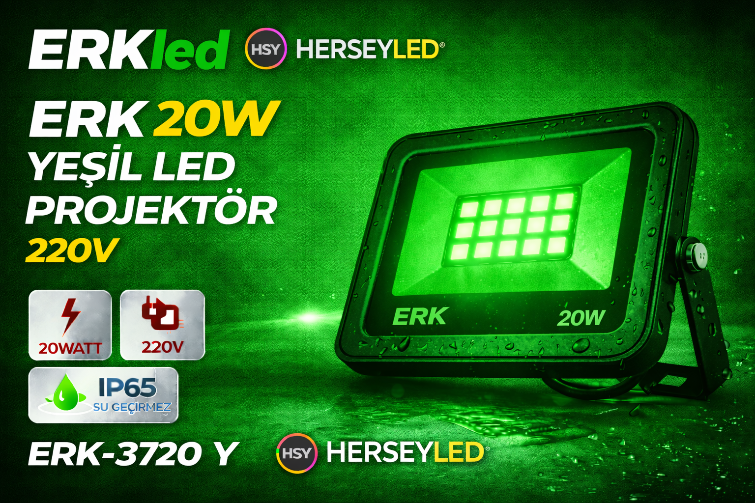 ERK 20W YEŞİL LED PROJEKTÖR 220V ERK-3720 Y