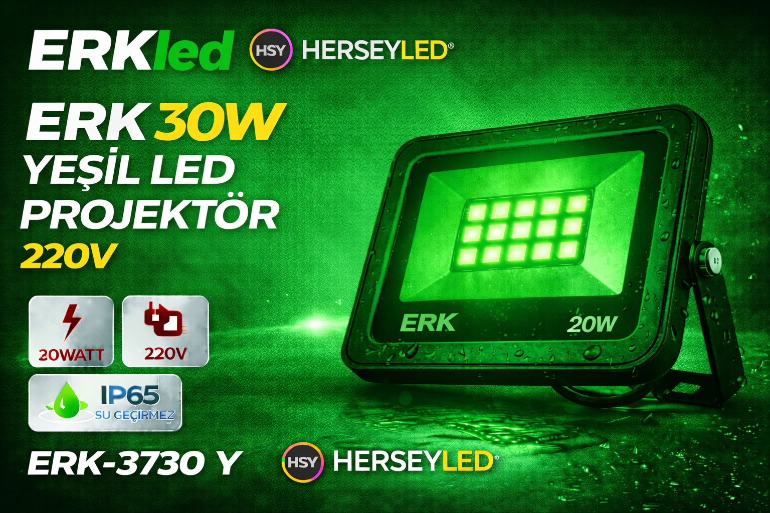 ERK 30W YEŞİL LED PROJEKTÖR 220V ERK-3730 Y