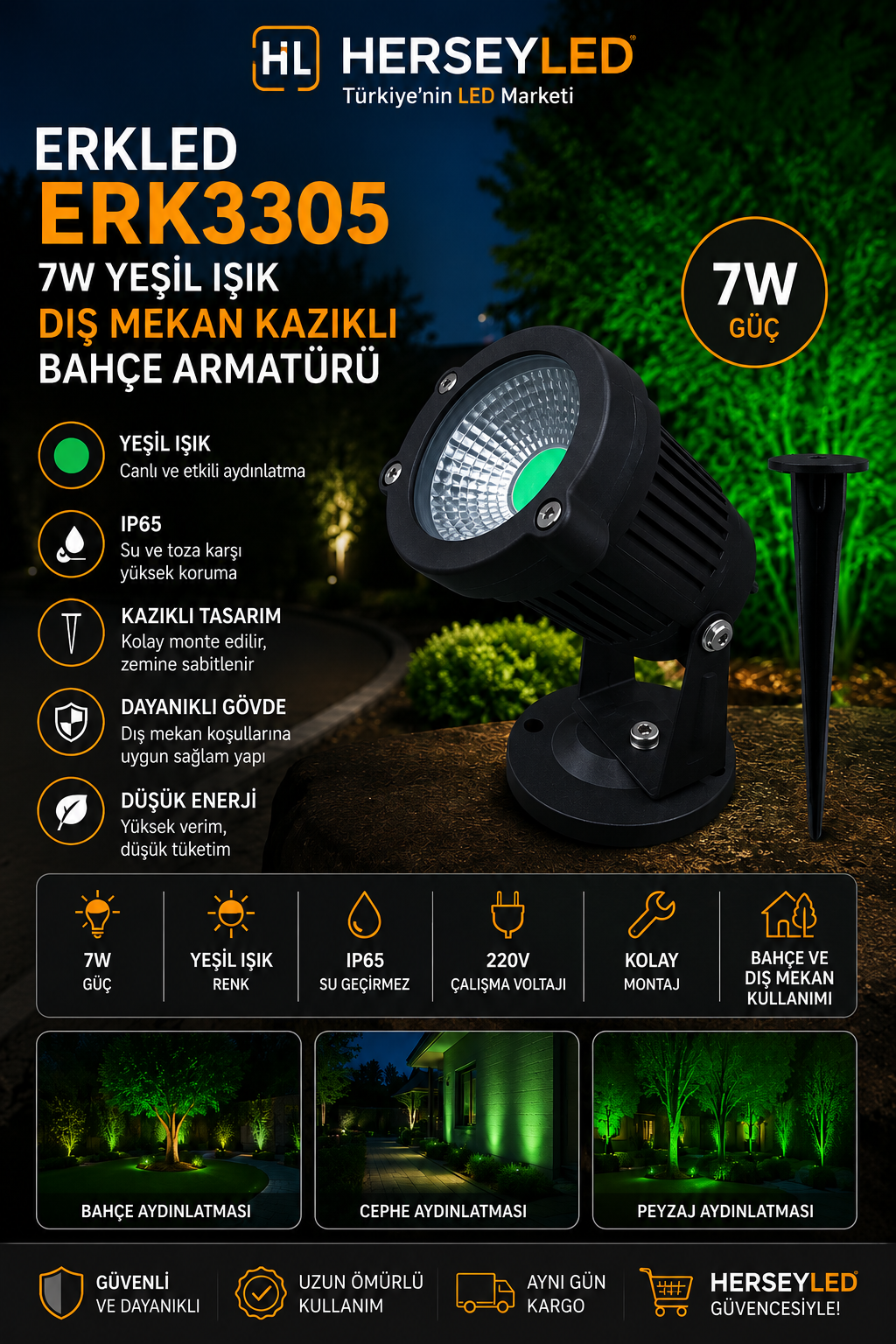 Erkled ERK-3305 7W Yeşil Işık IP65 Dış Mekan Kazıklı Bahçe Armatürü