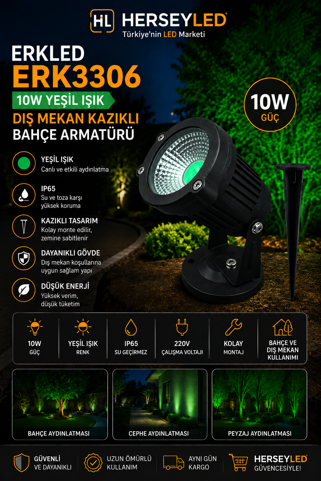 Erkled ERK-3306 10W Yeşil Işık IP65 Dış Mekan Kazıklı Bahçe Armatürü