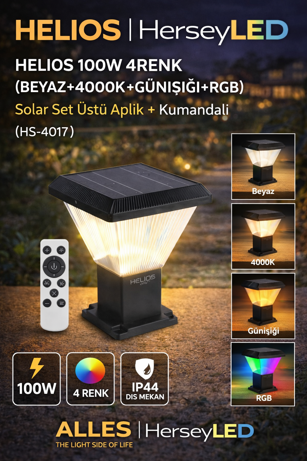 HELIOS 100W 4RENK (BEYAZ+4000K+GÜNIŞIĞI+RGB)  Solar Set Üstü Aplik  HS-4017