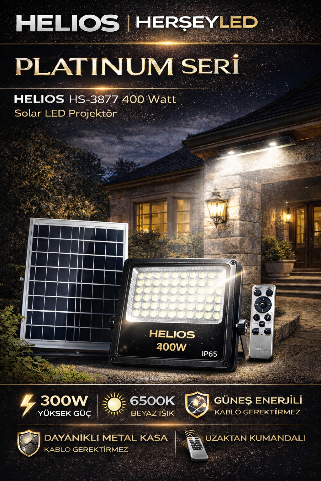 HELIOS 400 Watt Solar Proejktör - Beyaz Işık (6500K) HS-3877