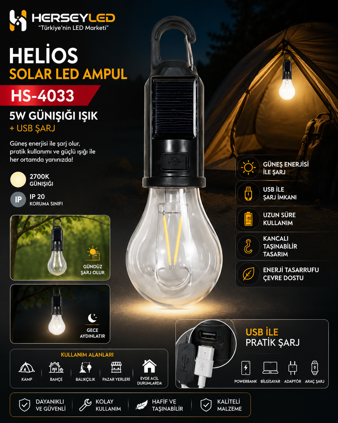 HELİOS 5W SOLAR LED AMPUL GÜNIŞIĞI IŞIK ( +USB ŞARJ ) HS-4033 HS-3824