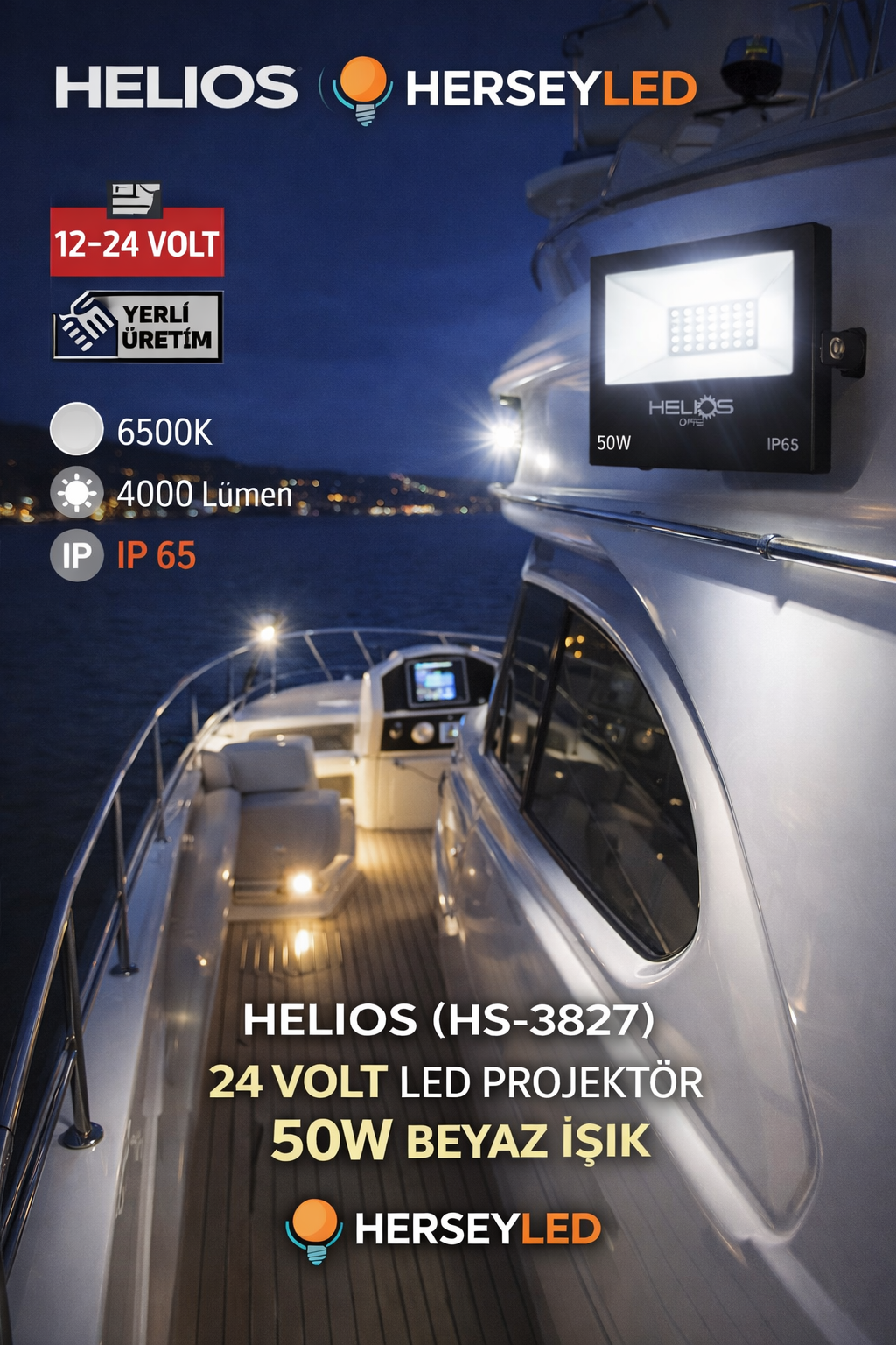 HELIOS (HS-3827) 12/24 VOLT LED PROJEKTÖR 50W BEYAZ IŞIK