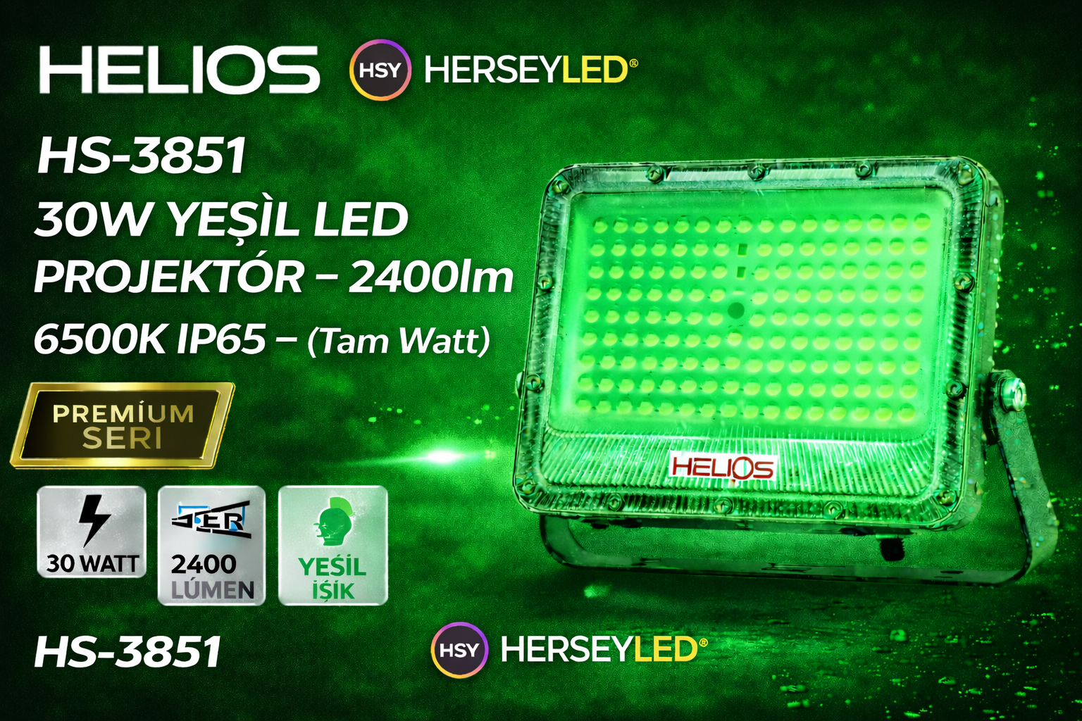 HELIOS HS-3851 30W YEŞİL LED Projektör – 2700lm 6500K IP65 – (Tam Watt ) (HS-3851 )