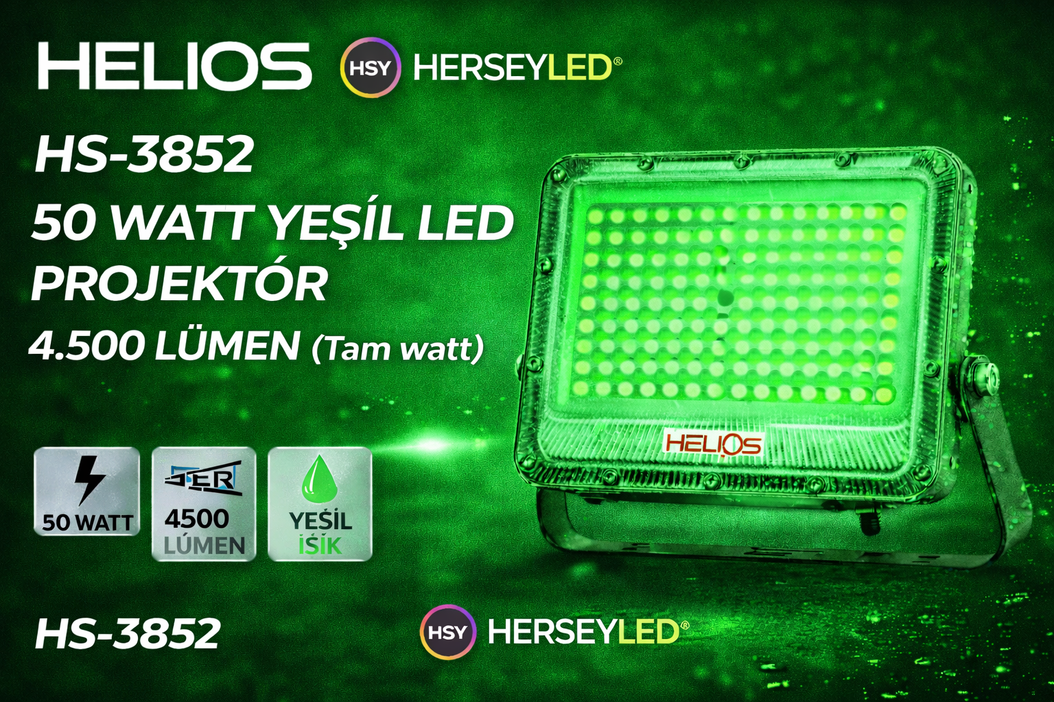 HELIOS HS-3852 50 WATT YEŞİL IŞIK LED PROJEKTÖR 4.500 LÜMEN (Tam watt) (HS-3852 )