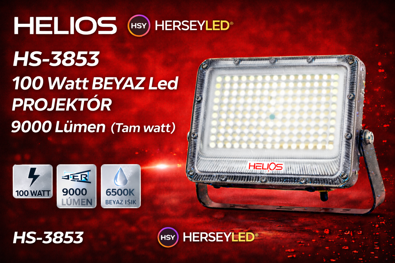 HELIOS HS-3853 100 Watt BEYAZ Led Projektör 9000 Lümen (Tam Watt )