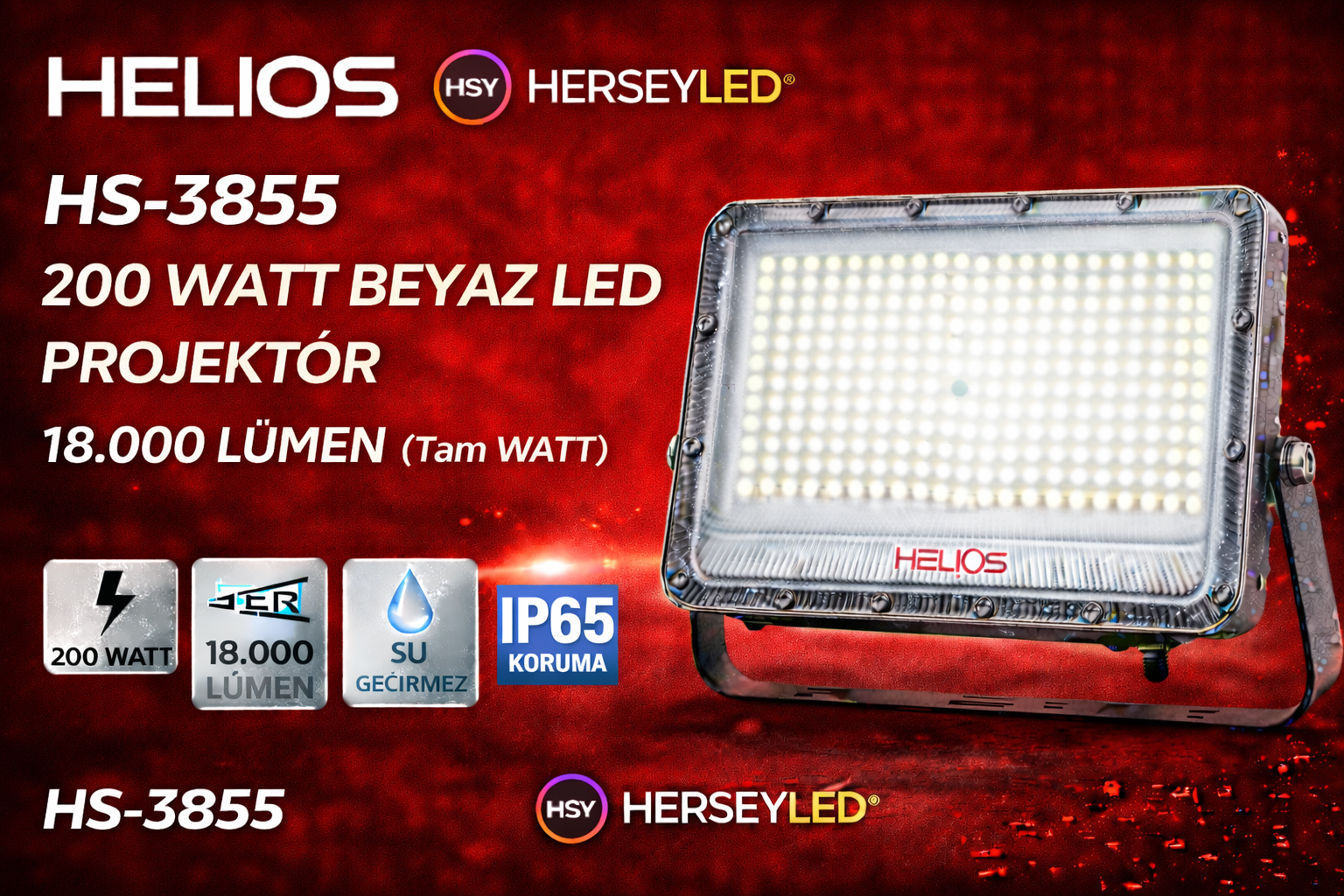 HELIOS HS-3855 200 WATT BEYAZ LED PROJEKTÖR 18.000 LÜMEN (Tam WATT)