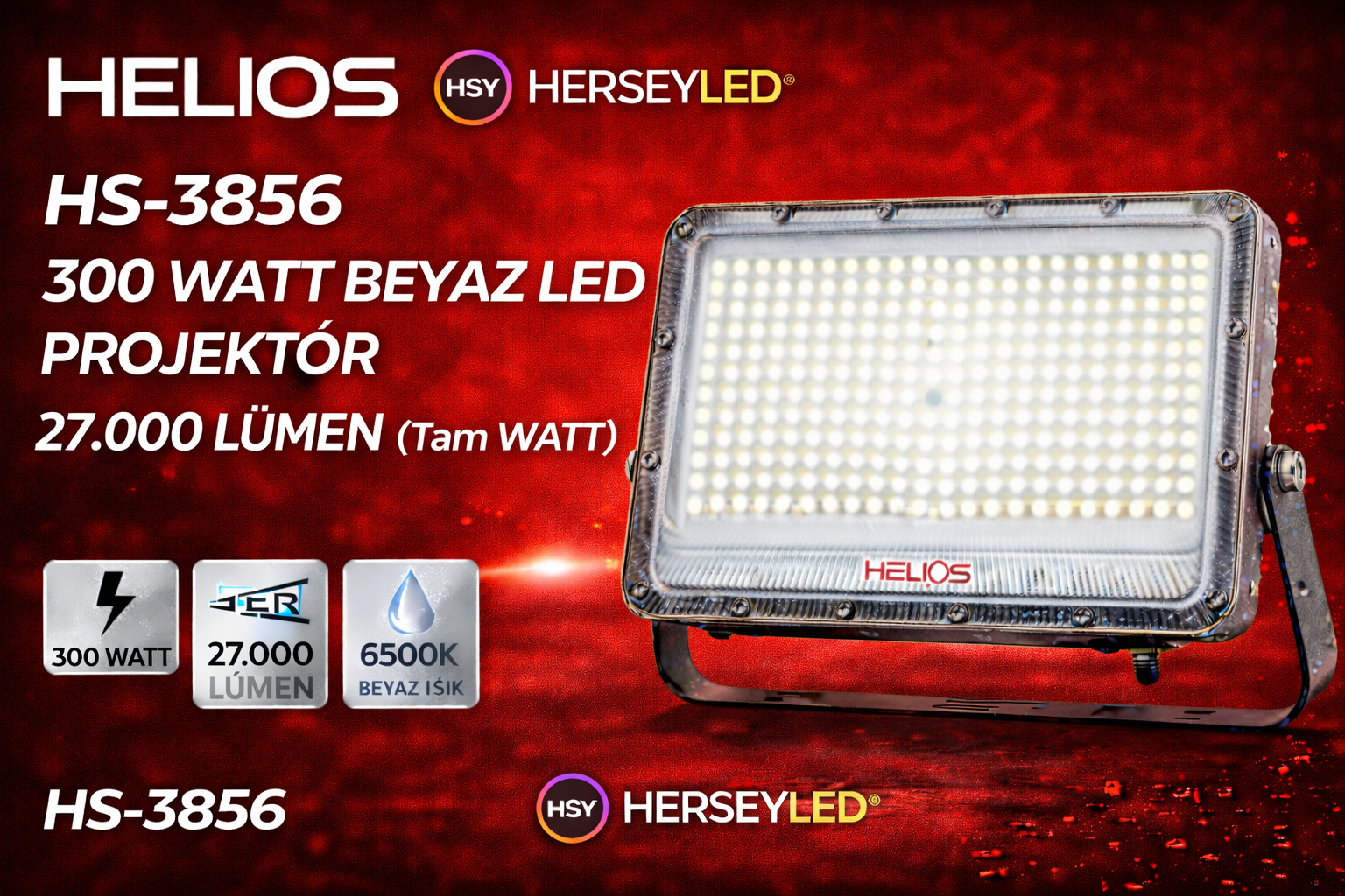 HELIOS HS-3856 300 WATT BEYAZ LED PROJEKTÖR 27.000 LÜMEN (Tam WATT)