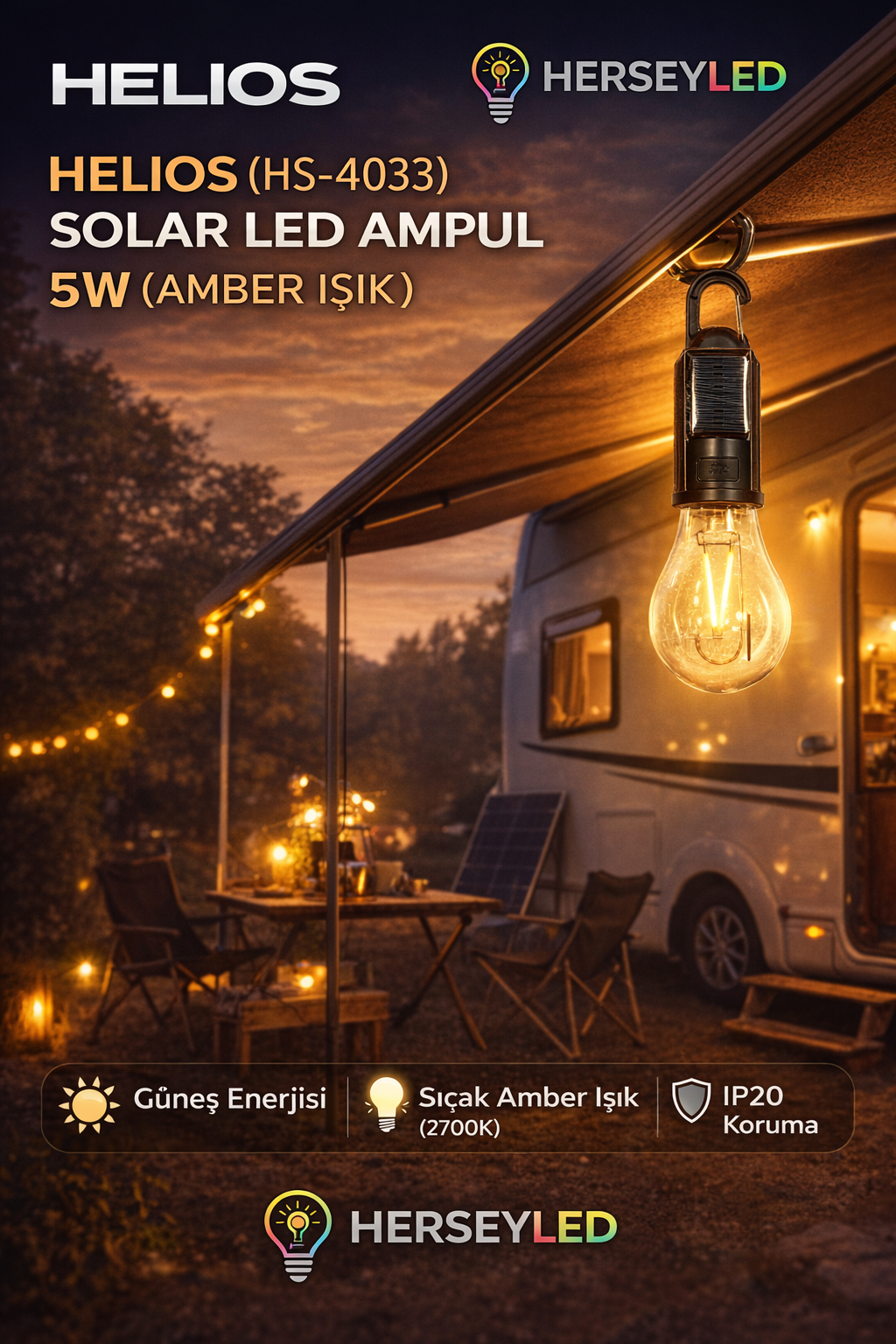 HELİOS (HS-4033) SOLAR LED AMPUL 5W ( AMBER ışık )