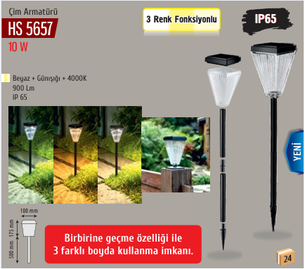 HELIOS HS-5657 IP65 10 Watt Kazıklı Solar Bahçe Armatürü - 3 Işık Renkli (Beyaz + Ilık Beyaz + Gün Işığı)