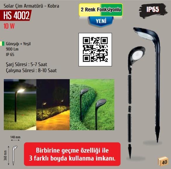 Helios Opto 10w Solar Kobra Çim Armatürü Günışığı-Yeşil 2 Fonksiyonlu HS 4002