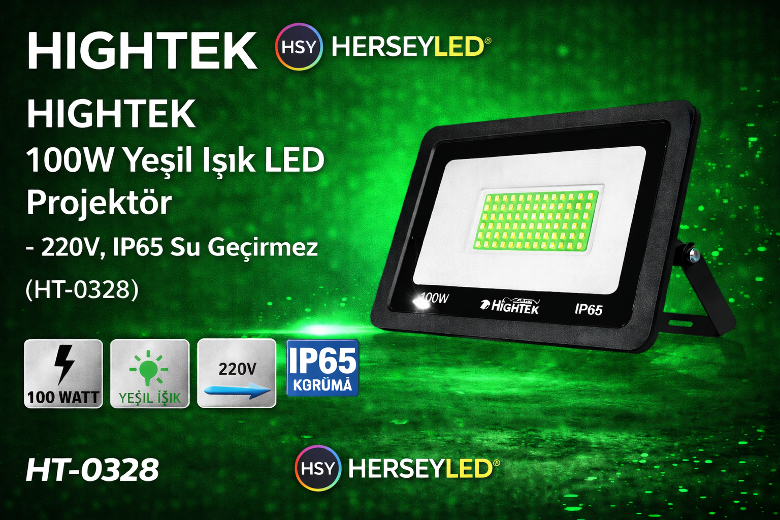 HIGHTEK 100W Yeşil Işık LED Projektör – 220V, Su Geçirmez, Dış Mekan Aydınlatma