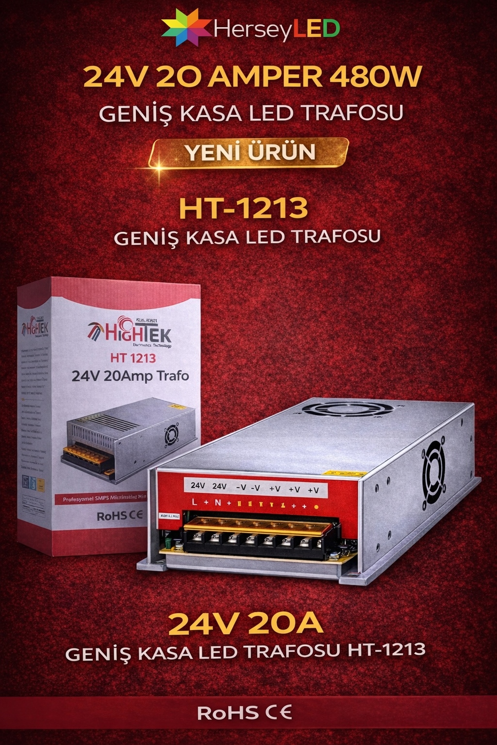 HIGHTEK 24V 20 Amper 480W GENİŞ KASA LED TRAFOSU HT-1213