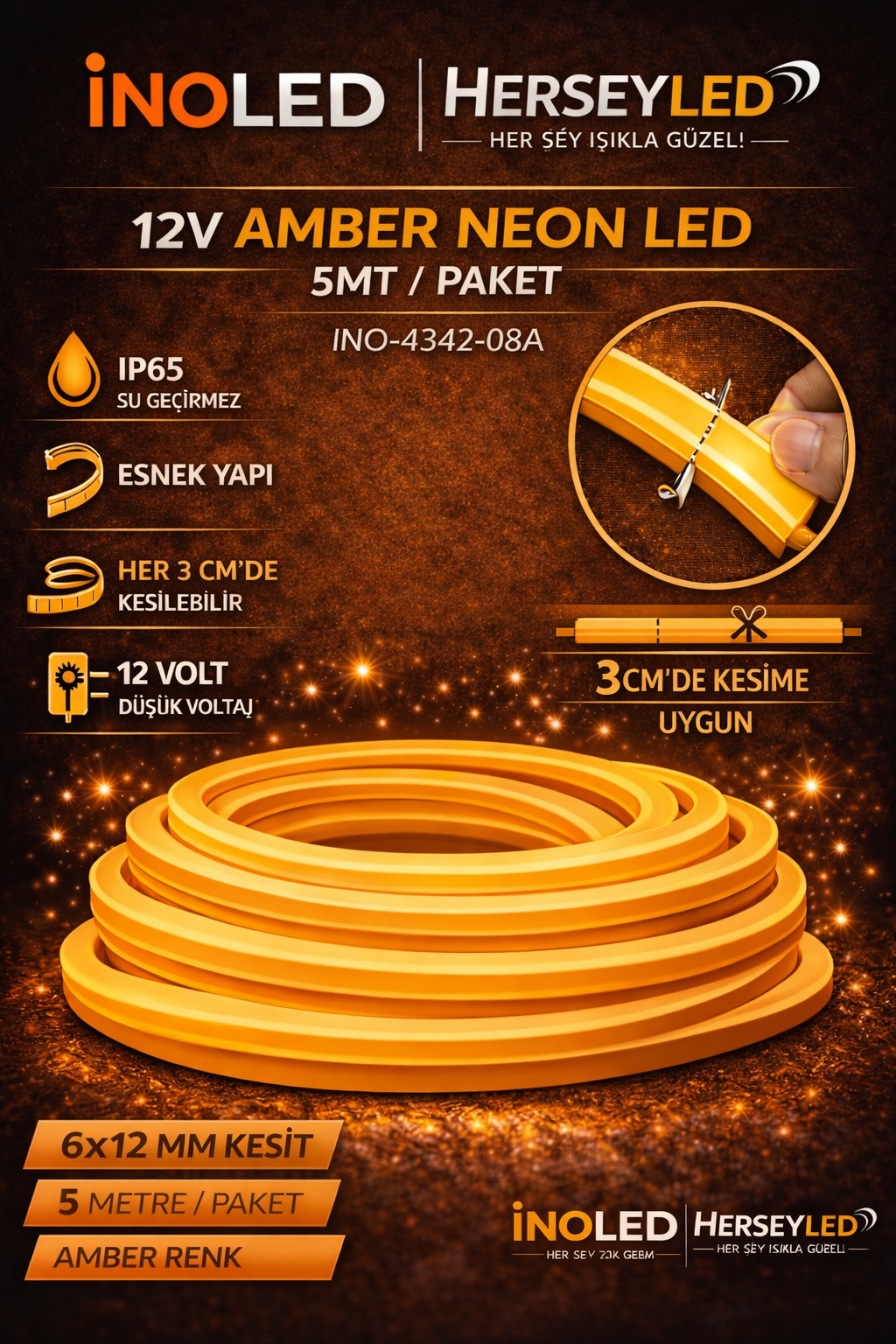 İNOLED 12V NEON AMBER 5MT / PAKET 6X12MM