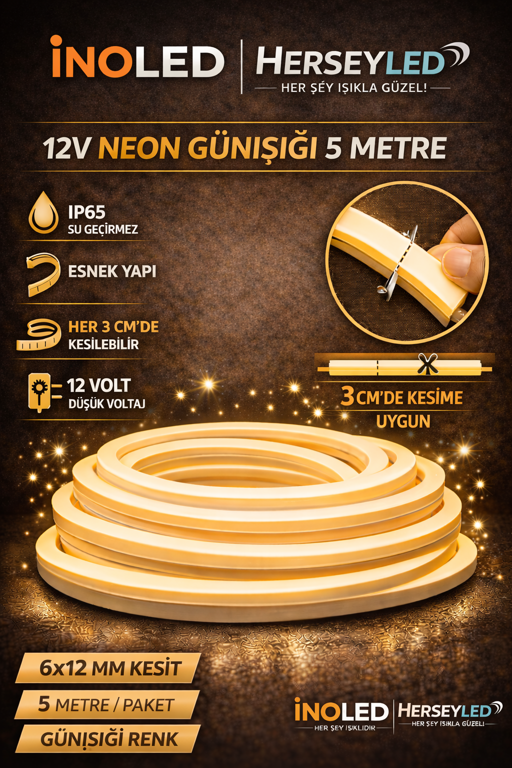 İNOLED 12V NEON GÜNIŞIĞI  5MT / PAKET 6x12mm İNO-4342-08G
