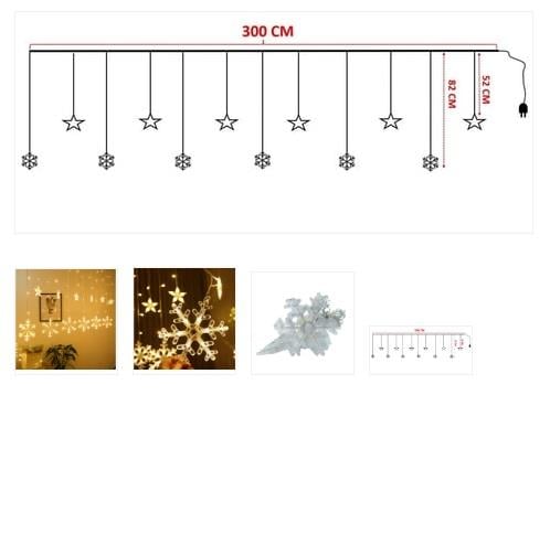 KAR TANESİ VE YILDIZ DEKORLU İÇ MEKAN SAÇAK LED GÜNIŞIĞI FONKSİYONLU ( 3MT GENİŞLİK )